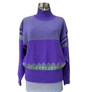 Vintage 80’s Kazlin Ski Wool Blend Turtleneck Ski Sweater Purple and Green
